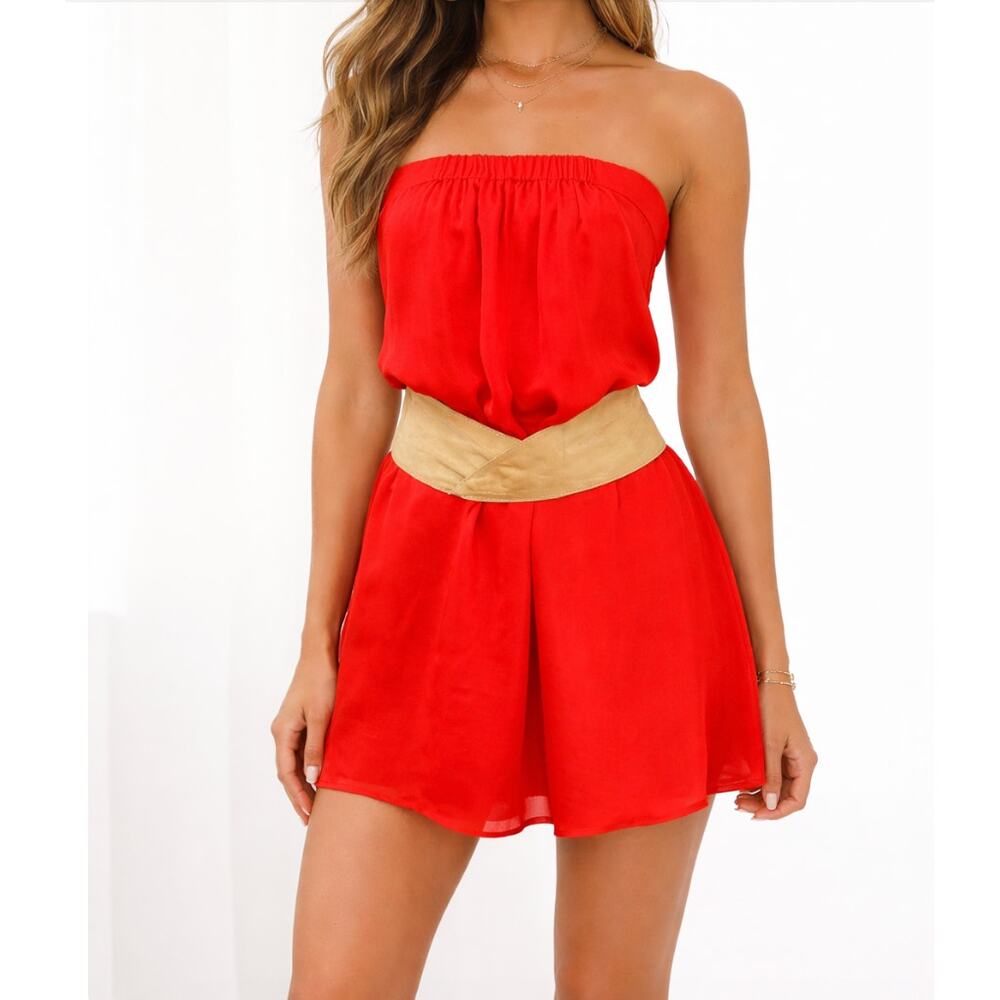 Haute Hippie Red Strapless Silk Mini Dress with Leather Belt Size Large NWT